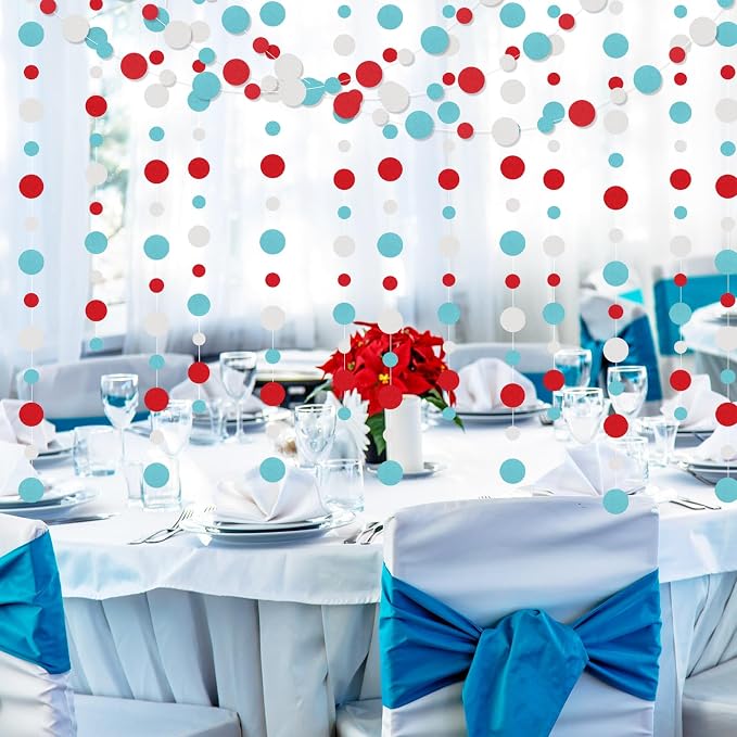 Outus 5 Pieces Colorful Circle Garland Banner Hanging Paper Dot Decorations for Classroom, Birthday Party, Baby Shower, Wedding Backdrop & Photo Booth Graduation Decor (Light Blue,White,Red)