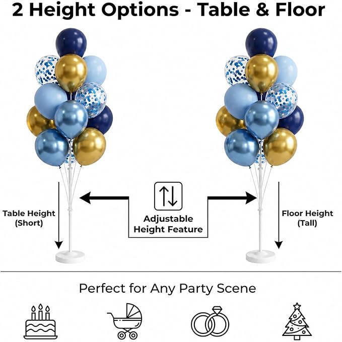 Balloon Column Kit Set of 2, Anti-Tip Sand-Fill Base Balloon Tower Stand with 10" 26pc Blue Gold Confetti Balloons, Height Adjustable for Easter Birthday Wedding Bridal Party Decorations