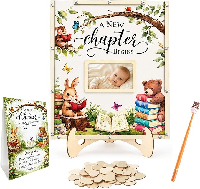 A New Chapter Begins Baby Shower Decorations,Storybook Baby Shower Guest Book Alternatives with Pen,Photo Frame and 60 Heart Wood Slices for 60 Guests,Book Themed Party Decoration