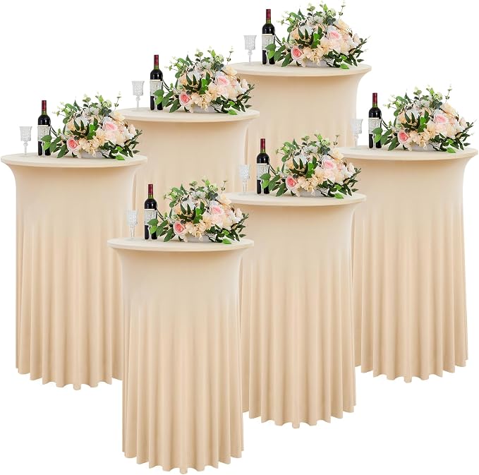 6 Pack Champagne Round High Top Cocktail Table Cloth 36inch×43inch Wrinkle Free Stretch Spandex Cocktail Tablecloths Table Covers for Party Wedding Banquet Baby Shower Birthday