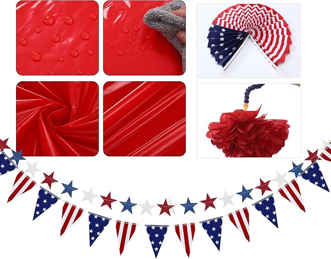 27 Pcs 250th Anniversary Party Decoration, 6 Pcs Disposable Tablecloth 21 Hanging Paper Fan, Pom Poms Flower, Garland String Polka Dot and Triangle Flag Set for 4th of July Patriotic Independence Day