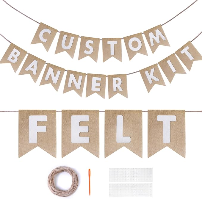 Custom Banner Kit, 28 Burlap Banner with 92 Felt Letters, Make Your Own Diy Customizable Kit for Birthday Wedding Party Decorations