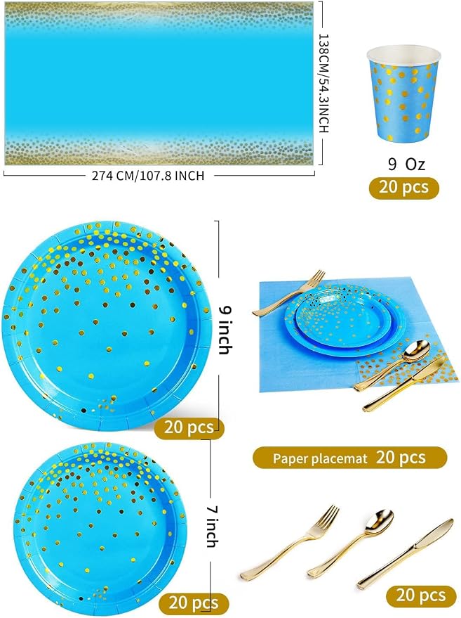 Nkaiso 141 Pieces Sky Blue Gold Party Supplies, Disposable Party Decorations Sets Include Paper Plates Napkins Cups, Plastic Forks Knives Spoons, for Baby Shower Birthday Wedding -20 Guests
