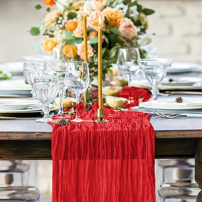 12 Pack Red Cheesecloth Table Runner, 10FT Cheesecloth Rustic Boho Table Runner Long Romantic Semi Sheer Table Runner for Wedding Baby Shower Birthday Bridal Party Decorations(21.5×120 Inch)