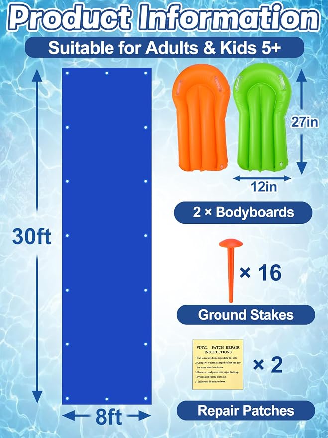 30 x 8 ft Extra Wide Lawn Water Slide with 2 Inflatable Bodyboards - Thick Durable Slick Waterslide for Kids & Adults, Easy to Set Up with 16 Ground Stakes, Outdoor Backyard Fun Water Games for Summer