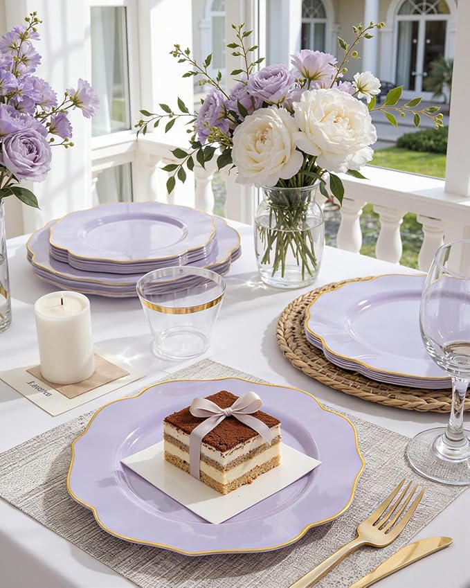 bUCLA 180PCS Purple Plastic Plates - Disposable Purple with Gold Rim, Include 30 Each (Dinner & Salad) Plates, 30 Knives, 30 Forks, 30 Spoons, 30Cups for Party, Shower & Birthday