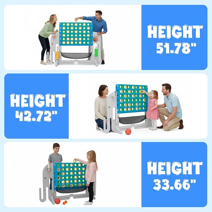 Giant 4 in a Row Connect Game, Adjustable Height (2.6FT-4.3FT) Jumbo 4-to-Score Yard Game Set with Basketball, Golf & Ring Toss, Elephant Design Outdoor Indoor Family Yard Party Game for Kids & Adults
