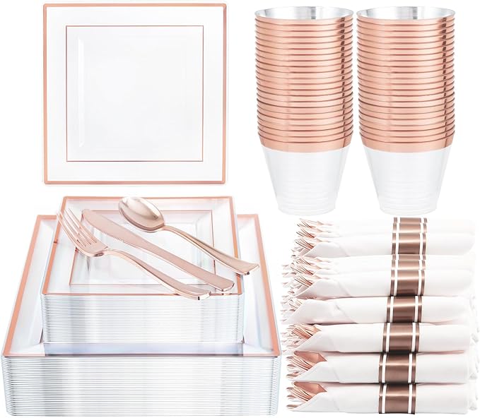 DaYammi 175 PCS Rose Gold Plastic Plates, Rose Gold Plastic Dinnerware Sets Includes: 25 Dinner Plates, 25 Salad Plates, 25 Pre Rolled Napkins with silverware 25 Cups 9 OZ, Perfect for Mother's Day