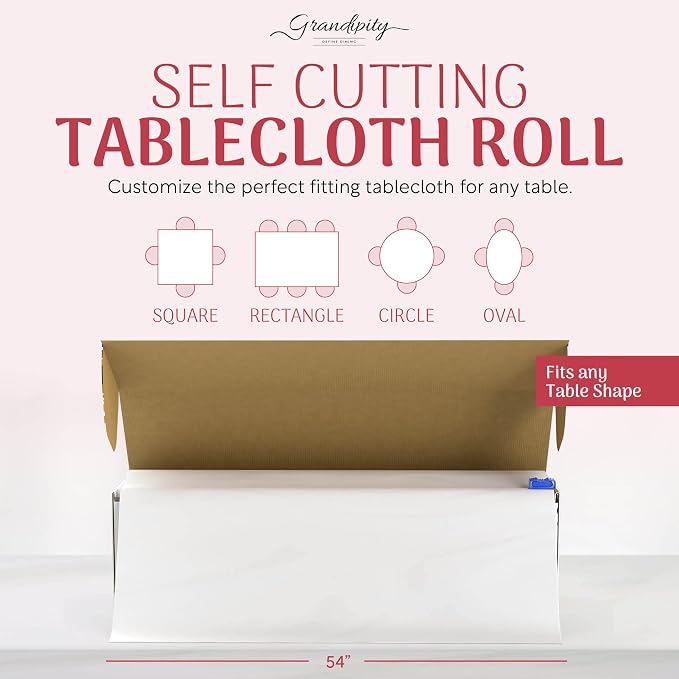 Grandipity Plastic Tablecloth Roll - 54in x 100 Ft. White Plastic Table Cloths for Parties Disposable with Cutter Box - Cut to Size Disposable Tablecloth Table Cover for Rectangle & Round