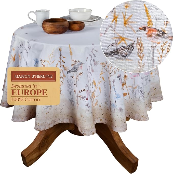 Maison d' Hermine Table Cloth Round Table 100% Cotton 69 Round Inches Tablecloth Reusable Decorative for Dining Kitchen Room Farmhouse Party Home Hotel Restaurant Spring Summer- Meadow Florals - Beige