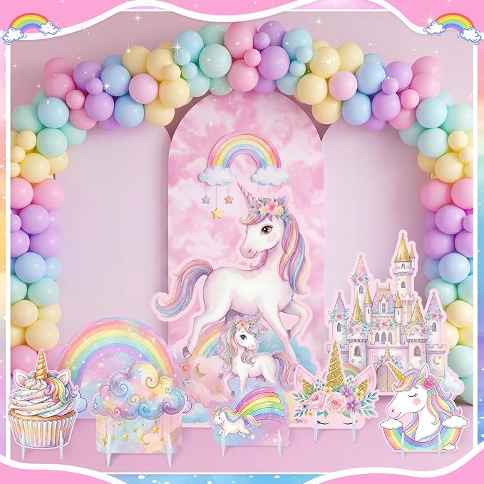 9 Pcs Unicorn Party Decorations Set, Large Rainbow Unicorn Centerpiece with Castle & Clouds, Extra Big Table Decor for Birthday, Pastel, Party Supplies