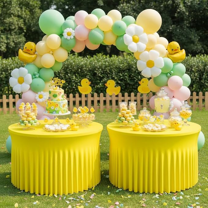 2 Pack Yellow 72 inch Round Spandex Tablecloth, Washable Stretchy Fitted 6FT Round Tables,Elastic Edge with Skirt, Wrinkle-Free Table Cloths for Wedding Banquet Party Birthday Buffet