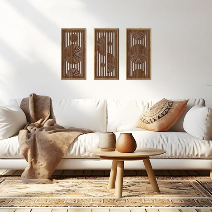 IARTTOP Boho Abstract Wooden Wall Decor Set of 3 Mid-Century Modern Geometric Line Wooden Wall Art 8"x16" Neutral Brown Cutout Wood Panels Decor for Living Room Bedroom Minimalist Home