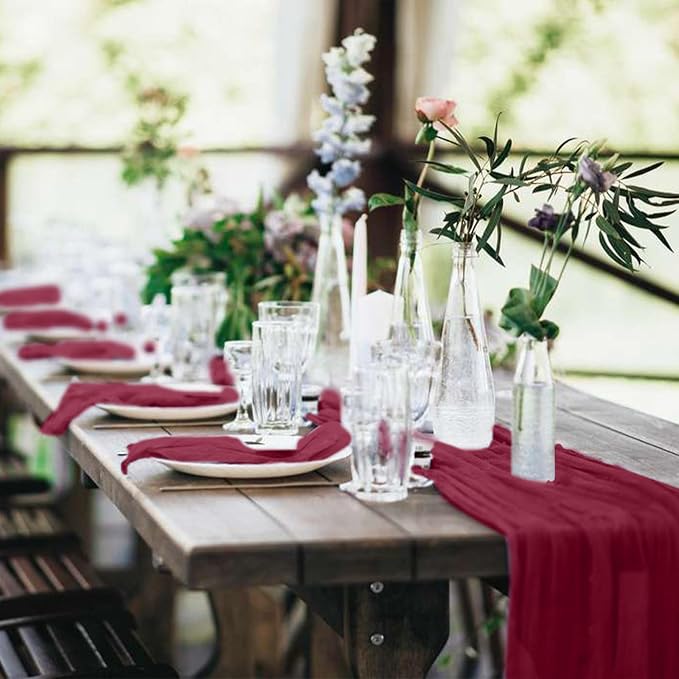 20 Pack Cheesecloth Table Runner 17 x 108 inch Long Boho Gauze Table Runners Semi Sheer Table Runner for Wedding Decor, Baby Shower, Birthday Party, Banquet (Burgundy)