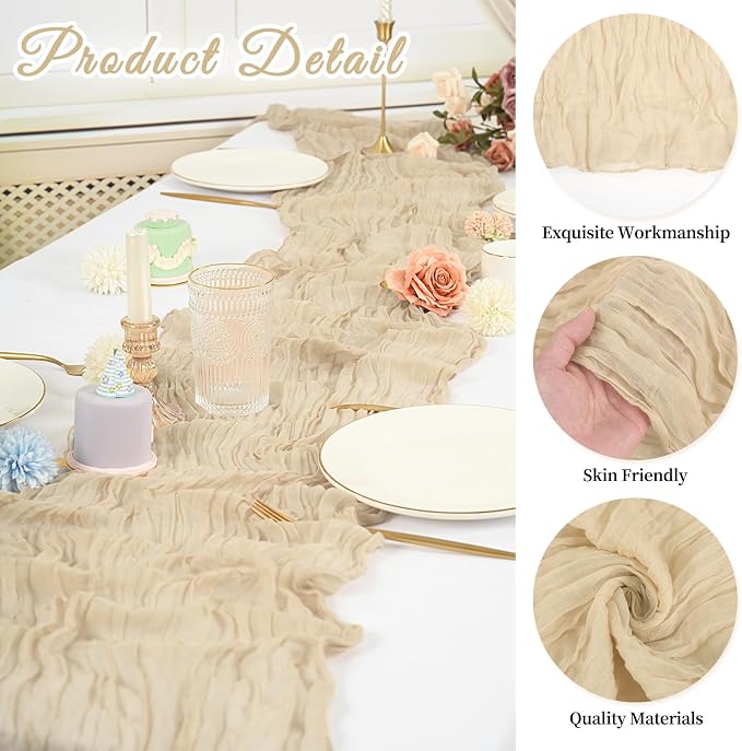 20 Pack Cheesecloth Table Runner 17 x 108 inch Long Boho Gauze Table Runners Semi Sheer Table Runner for Wedding Decor, Baby Shower, Birthday Party, Banquet (Beige)