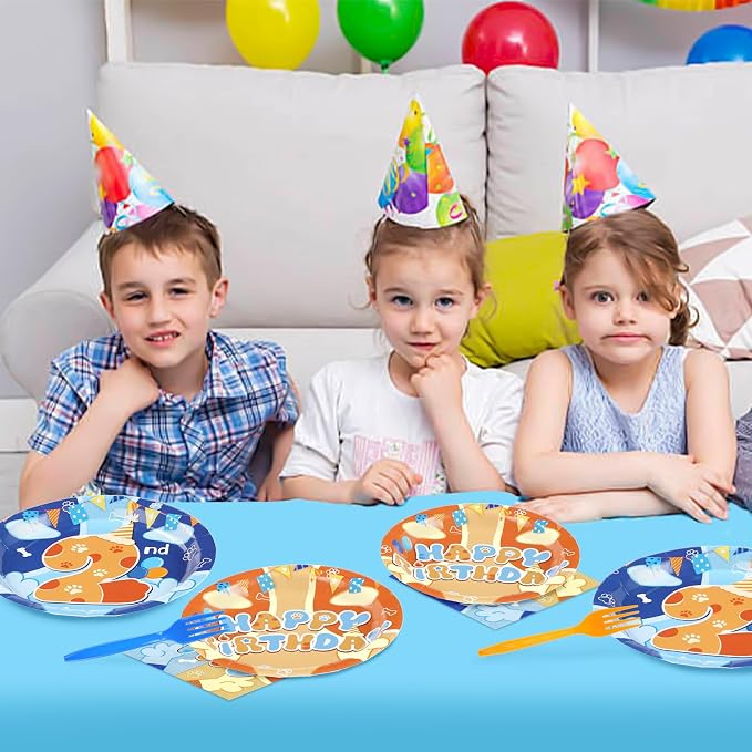 Grencian 96PCS Blue Cartoon Dog 2nd Birthday Decorations I'm Two Blue Cute Dog Party Plates Disposable Cartoon Dogs Tableware for Boys Girls Cute Dogs 2nd Birthday Party Decorations, Serves 24