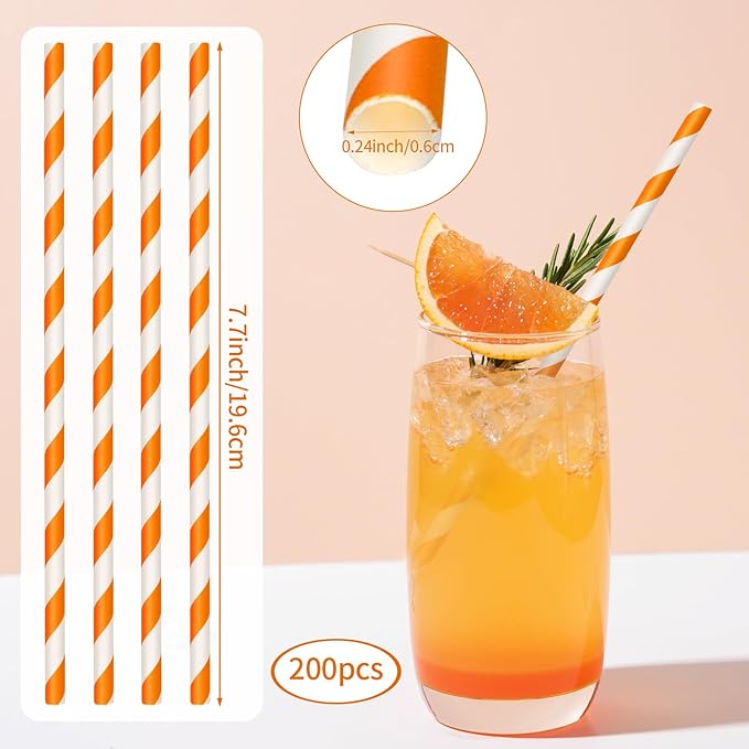 200 Pack Orange Straws Biodegradable Orange and White Paper Straws Disposable Striped Straws for Halloween Bridal Shower Birthday Summer Pool Party Decoration Supplies