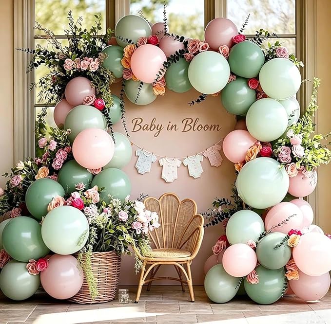 Pink Green Balloon Arch with Artificial Flowers Double Stuffed Dusty Light Pink Sage Green Balloon Garland Kit Eucalyptus Leaves for Baby Bloom Birthday Bridal Shower Mother's Day Party Decorations