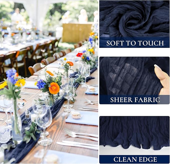 3 Pack Navy Blue Cheesecloth Table Runner 10FT Boho Gauze Cheese Cloth Table Runner Blue for Wedding Party Baby Shower Birthday Home Decor Holiday Decorations