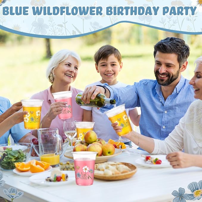 Hushee Blue Boho Floral 60 Pcs Party Cups 16 oz Plastic Disposable Drinking Cups for Birthday Love Baby in Bloom Baby Shower Summer Fresh off The Market Bridal Shower Decorations Supplies