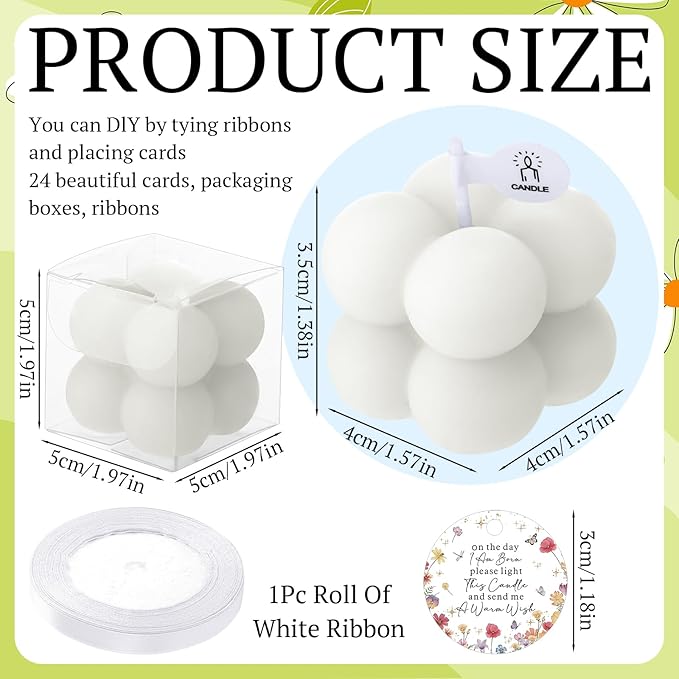 MTLEE 24 Sets Wildflower Baby Shower Favors Small Bubble Candles Baby Shower Favors for Guests Tea Candles Bulk with Stylish Ribbons Cards Gifts Party Decoration(White,Wildflower)