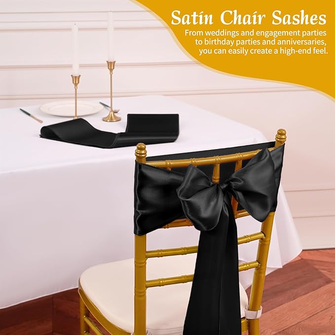 120 PCS Black Chair Sashes, Ties Bows Designed Sashes for Washable Reusable Chair Covers Supplies for Wedding Reception Events Banquets Party Hotel Event Aisle Decorations (7 x 108 inch)