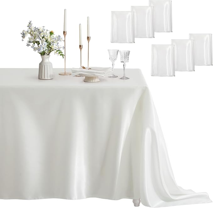 6 Pack Satin Table Cover Rectangle Silkly Soft Table Cloth, Satin Dining Table Cloths for Wedding Banquet Table Decoration, Dining Room, Indoor and Outdoor Use, 60 x 120 Inches, Off White