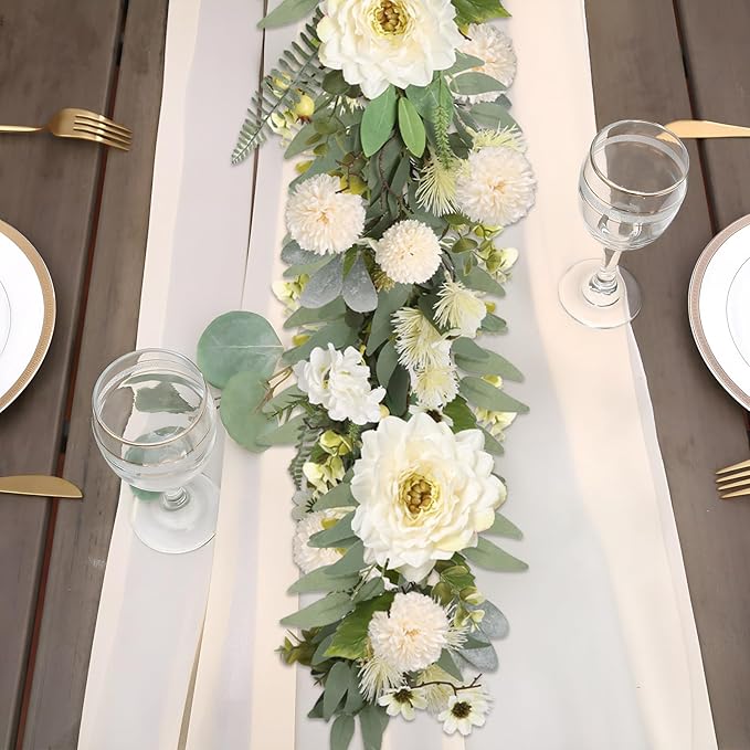 Spring Garland 6FT Hydrangea Flower Garland Faux Greenery Leaf Vine Garlands for Decoration for Spring Indoor Outdoor Garden Farmhouse Porch Wall Wedding Room Home Decor (White)