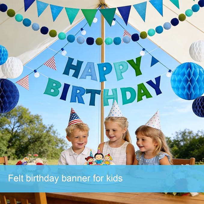 Pre-Strung Happy Birthday Decor Blue, 3D Felt Birthday Banners Poms Pom Fabric Party Garland, Felt Pennant Flat, with 10PCS Honeycomb Balls, Blue Reusable Party Celebration Decorations