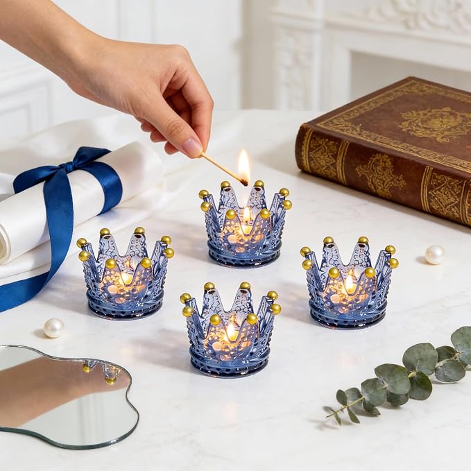 Rubtlamp 6 Pack Blue Votive Crown Candle Holders with Gold Tips, Glass Tealight Candle Holders Candlestick for Table Centerpieces Wedding Party Dinner Home Table Decor