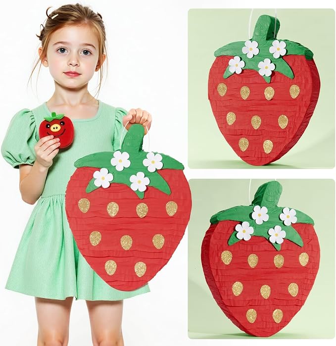 Wernnsai Red Strawberry Piñata For Kids - Strawberry Baby Shower Piñata Strawberry Birthday Party Decorations Summer Fruit Themed Party Game Supplies With Bat Blindfold 16.5" × 11.6" ×3"