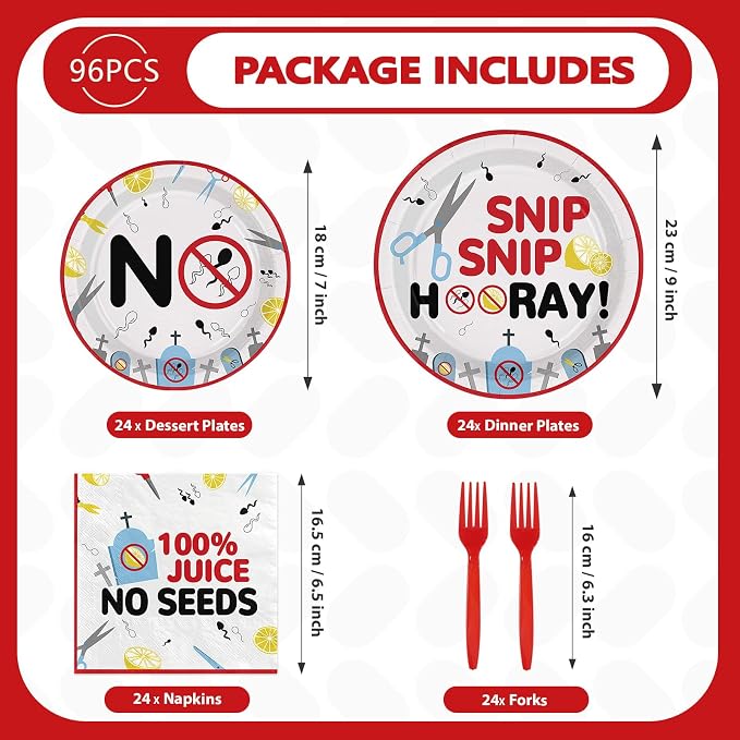 96Pcs Funny Vasectomy Party Supplies Snip Vasectomy Plates and Napkins Disposable Little Tadpole Scissors Tableware Set for Men Boys Get Well Soon Husband Boyfriend Humor Party Decorations Serves 24
