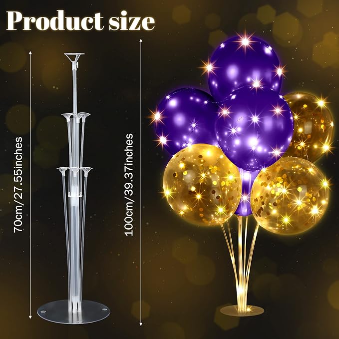 Junkin 10 Set Balloon Stand Kit for Centerpiece with LED String Light 100 Pcs Balloons Table Balloon Stand Centerpieces for Birthday Wedding Baby Shower Back to School Party Decor(Purple)
