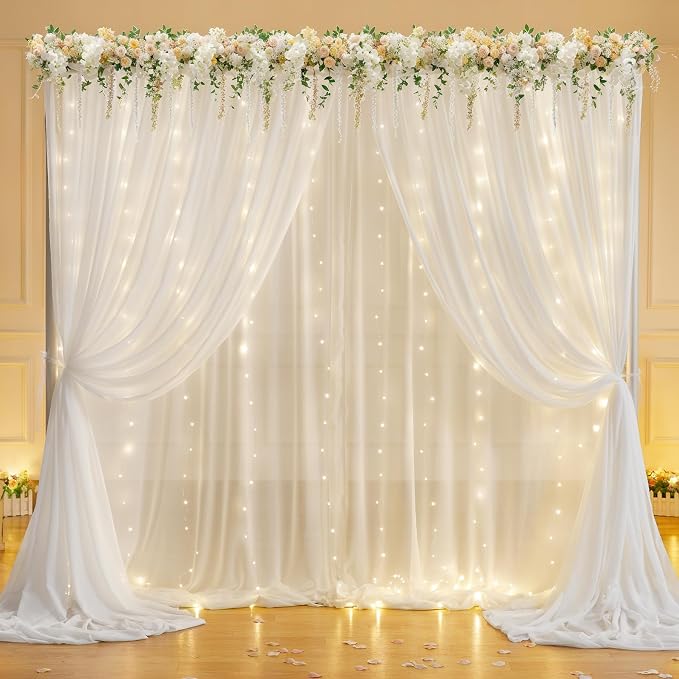 20ft x 10ft Cream White Chiffon Backdrop Curtain with Lights String for Parties,4 Panels Tulle Sheer Curtain Wedding Backdrop for Baby Shower Birthday Party Ceremony Reception Home Decorations
