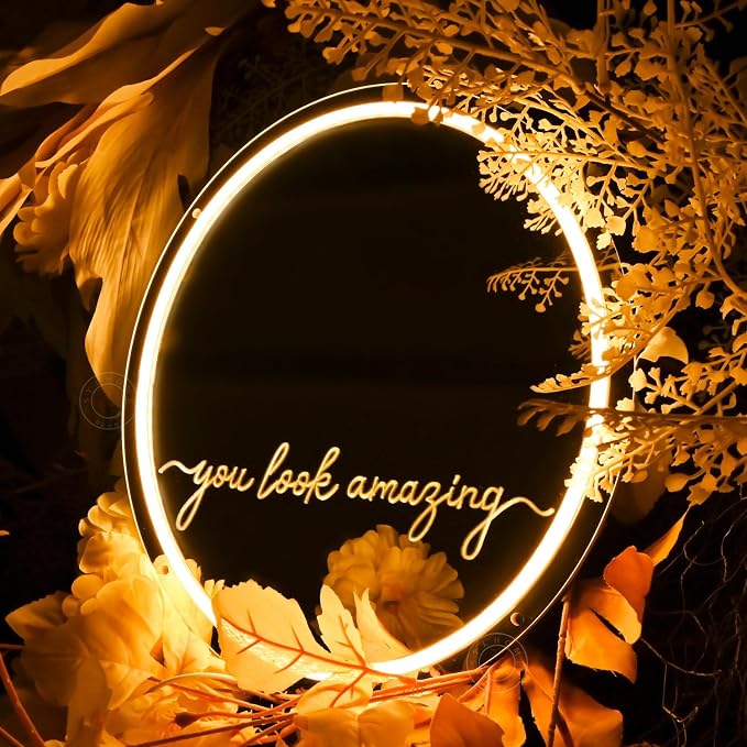SYLHOME Mirror Led Neon Light Sign You Look Amazing Bedroom Girls Room Dresser Wall Sign Decor Birthday Party Christmas Gifts 13.78" X 11.81" USB Warm White