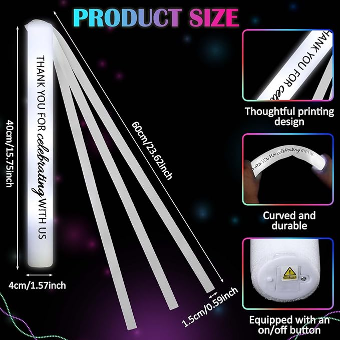 JellyArch 50 Pack Wedding Glow Sticks for Reception LED Foam Light up Sticks with Ribbon Light Stick Bulk with White Flashing for Wedding Send Off Party Favors, Dance Floor, Birthday