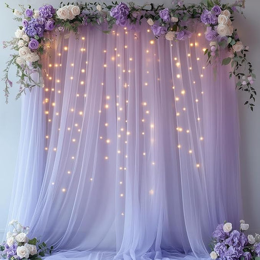 Lavender Tulle Backdrop Curtain with Lights - 10x10ft Sheer Backdrop with 300 LEDs for Wedding, Baby Shower, Bridal Shower, Birthday Party Photo Shoot Background and Home Decorations