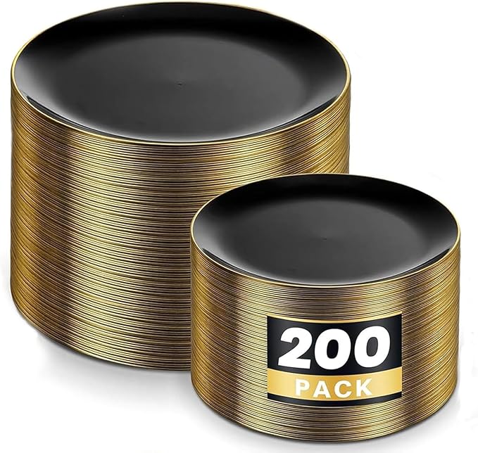 KIRE 200Pcs Black Plastic Plates - Black and Gold Plates Disposable for Party - Include 100 for Dinner and 100 for Dessert for Birthday/Wedding/Graduation/Father's Day