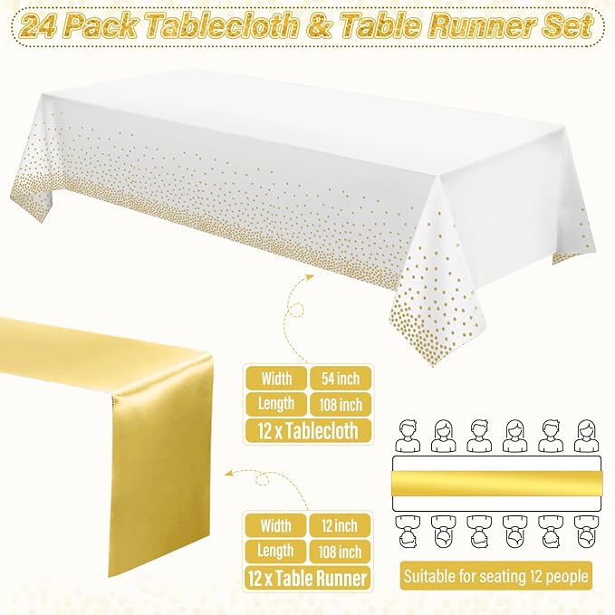 24 Pack White and Gold Tablecloth and Table Runner Set Party Decorations, White and Yellow Gold Plastic Disposable Tablecloth and Satin Table Runner for Wedding Birthday Graduation Anniversary Party
