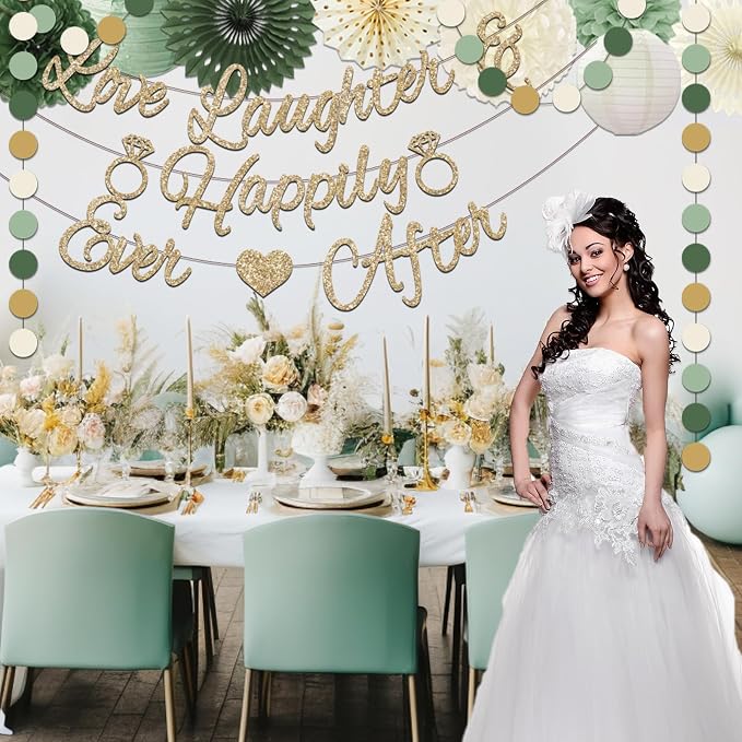 Bridal Shower Decorations,Sage Green Bridal Shower Decorations Includes Love Laughter Happily Ever After Decorations Paper Flower Ball Wedding Decorations for Home Party Bachelorette Party Decorations