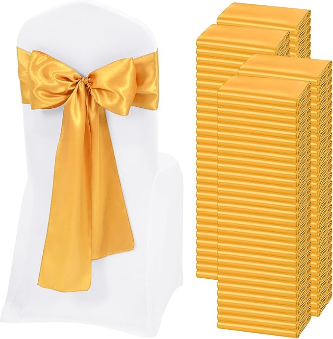 120 PCS Gold Satin Chair Sashes, Ties Bows Designed Chairs Decorative, Chair Cover Sashes for Thanksgiving Wedding Christmas Banquet Party Home Kitchen Decoration (7 x 108 inch)