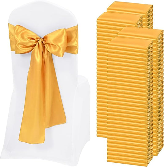 120 PCS Gold Satin Chair Sashes, Ties Bows Designed Chairs Decorative, Chair Cover Sashes for Thanksgiving Wedding Christmas Banquet Party Home Kitchen Decoration (7 x 108 inch)