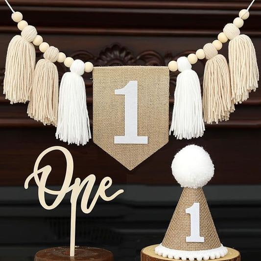 Boho Burlap Khaki Handmade 1st Birthday High Chair Banner One Cake Topper 1 Birthday Cone Hat Neutral Happy Birthday Party Decorations for Baby Boys Girls