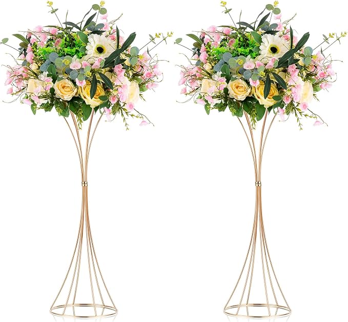 NUPTIO 2 Pcs Trumpet Vases for Centerpieces 26in Tall Gold Vase, Wedding Centerpieces for Tables, Artificial Arrangement Flower Stand for Anniversary Party Birthday Event Aisle Home Reception Decor