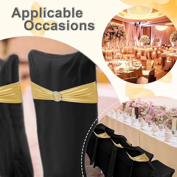 Preboun 50 Pack Folding Chair Cover Set with 25 Spandex Chair Slipcovers 25 Sequin Chair Sashes Bow Washable Chair Protector Chair Cover for Party Wedding Banquet Event (Black and Gold)