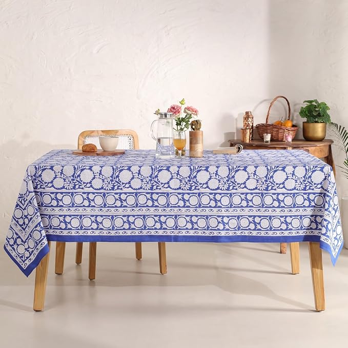 Hand Block Printed Tablecloth, Colorful Floral Print, Indian Artisan Handmade Art, Dining Room, Kitchen, Outdoor Décor, (Cloudy Blue Grace, 12 Seater 72 x 135 Inches Rectangle)