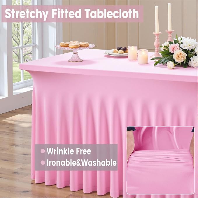 Outpain 8ft Spandex Table Cloth for Standard Folding Tables-6Pack Baby Pink Table Cloth Table Protector for Party, Wedding, Cocktail, Banquet, Festival