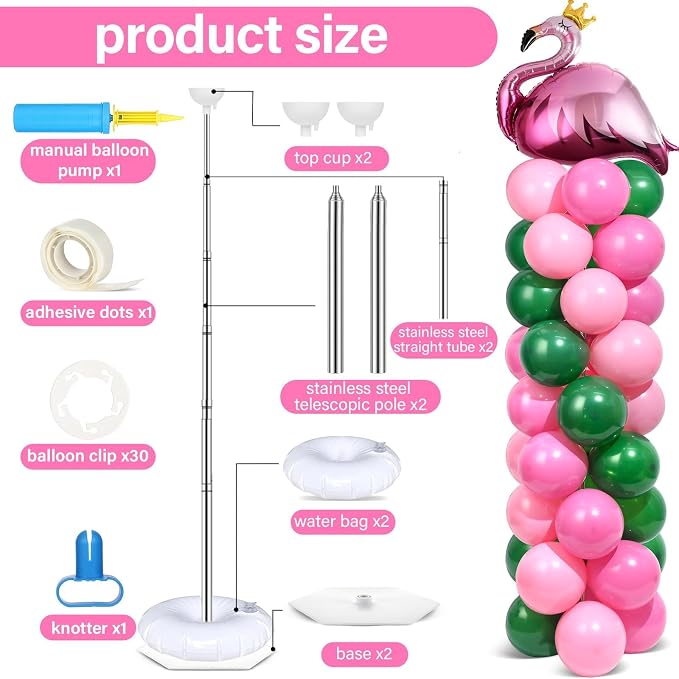 2 Sets Tropical Flamingo Balloon Column Stand Kit with 102 Pink Green Flamingo Foil Balloons Animal 5.57ft Adjustable Balloon Tower Stand with Bases Adjustable Arch Column for Luau Party Decor