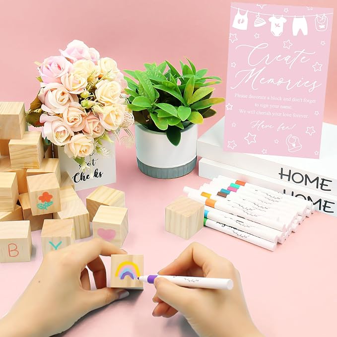 97 Pcs Pink Baby Shower Games Sign Kit,Including Decorate a Block Game Sign 72 DIY Blank Wooden Block 24 Pen to Draw Your Idea for Baby Shower Game Gender Reveal Party