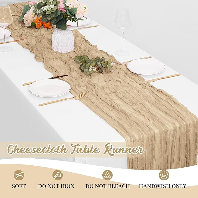 16 Pack Beige Cheesecloth Table Runners 20x120 Inch Gauze Table Runner Cheese Cloth 10FT Beige Table Runner Rustic Sheer Runner for Wedding Birthday Party Baby Shower Table Decor